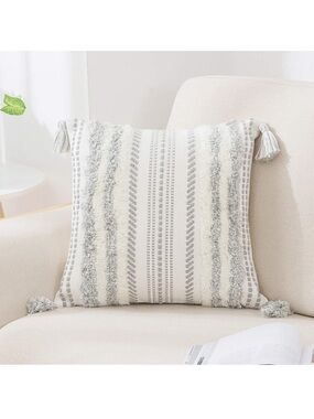 Decorative Boho Throw Pillow Cover 18x18, Accent Neutral Textured Tufted